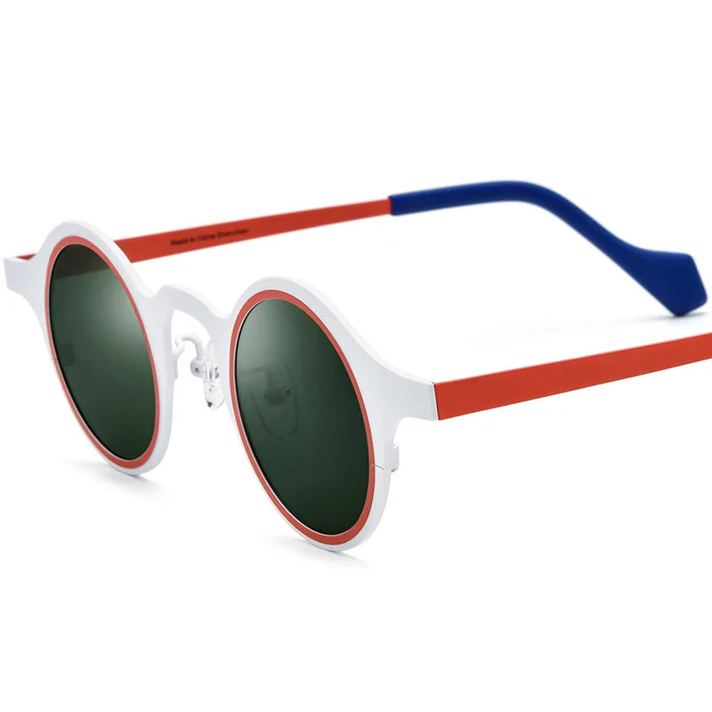 Retro round frame sunglasses with colorful lens showing bold material texture and vibrant eyewear detail