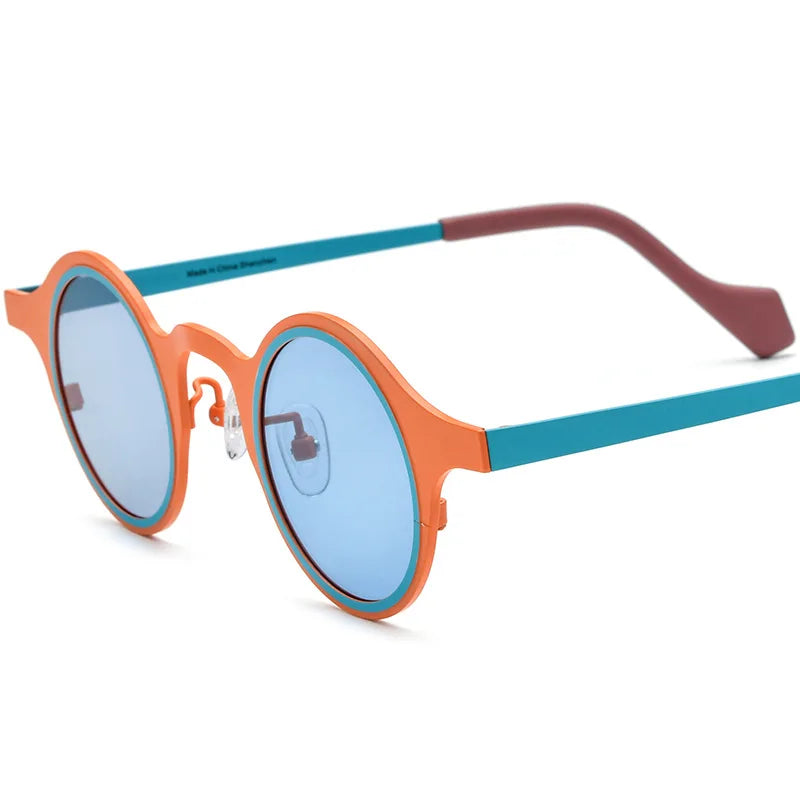 Retro round frame sunglasses with vibrant colored lens and bold frame detail up close