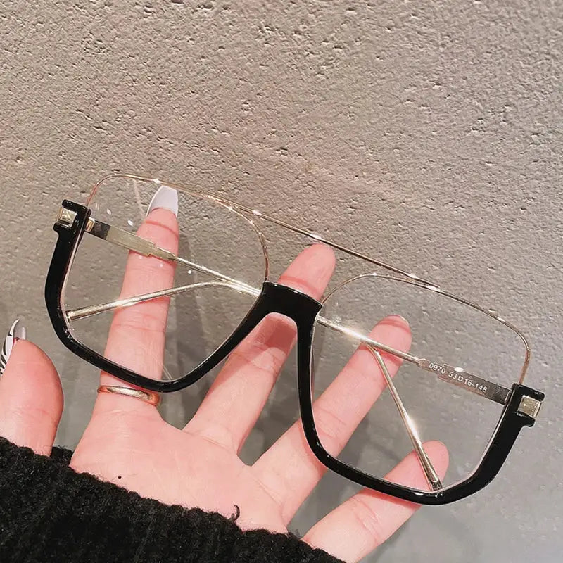 Retro Square Semi-Metal Frame Glasses - Black Golden