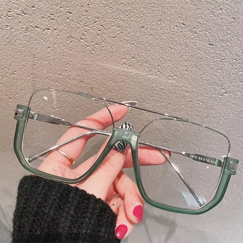 Retro Square Semi-Metal Frame Glasses - Matte Green