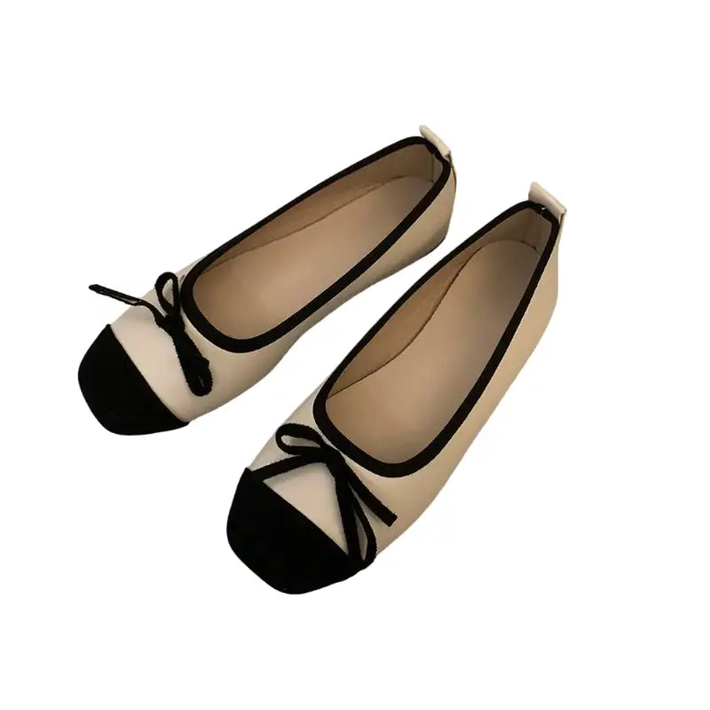 Retro Square Toe Bow Flat Shoes - Beige / 35