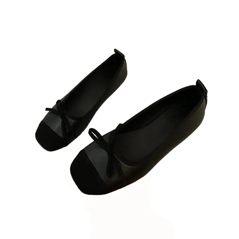 Retro Square Toe Bow Flat Shoes - Black / 35