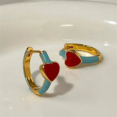 Rhinestone Stainless Steel Curl Hoop Stud Earrings Red Heart