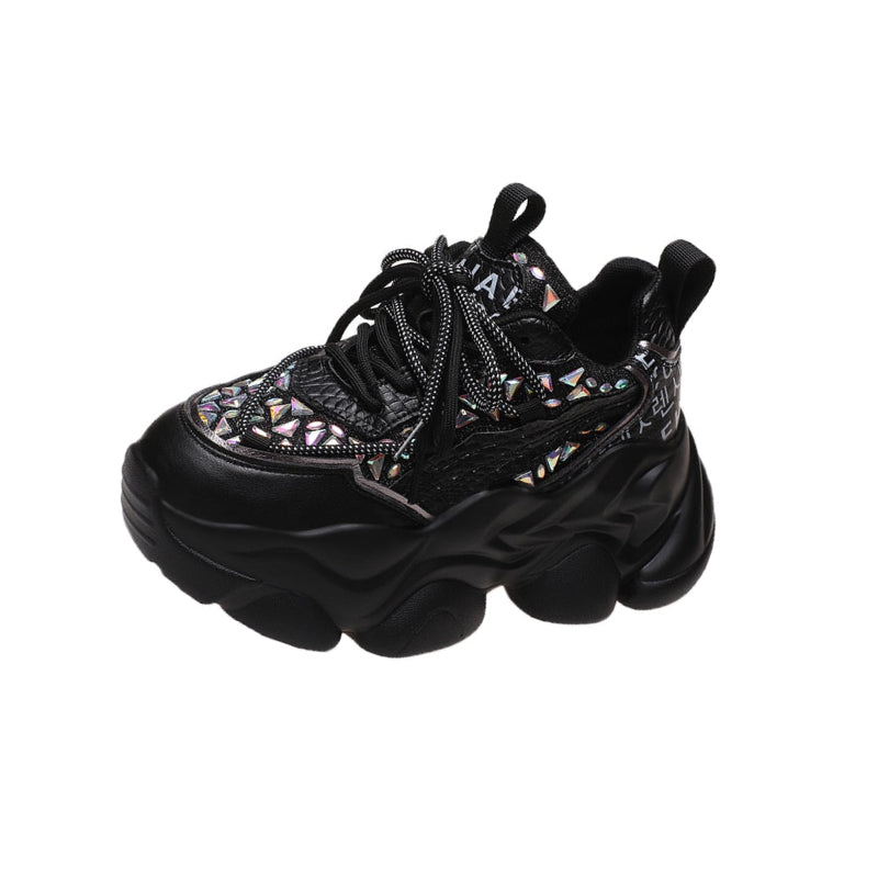 Rhinestones Comfortable Chunky Platform Sneakers - Black /
