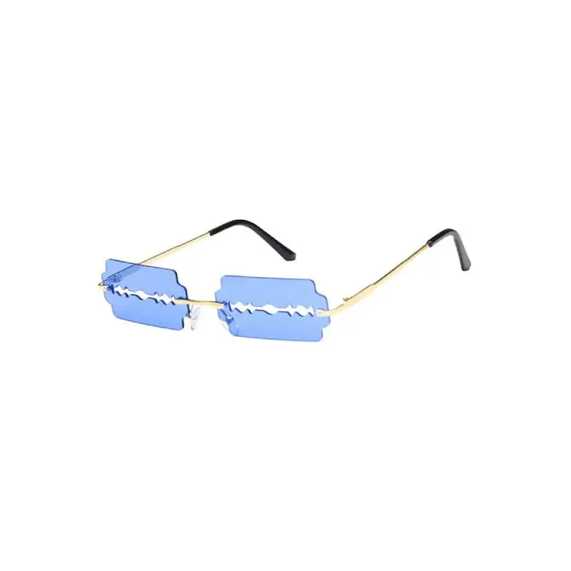 Rimless Small Rectangle Blade Shape Sunglasses - Gold Blue