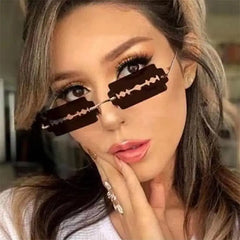Rimless Small Rectangle Blade Shape Sunglasses - Gold Brown