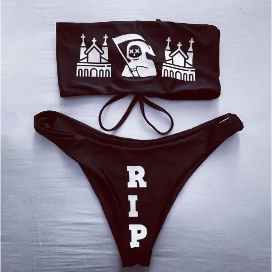 RIP, Gothic Style Black Bikini Set