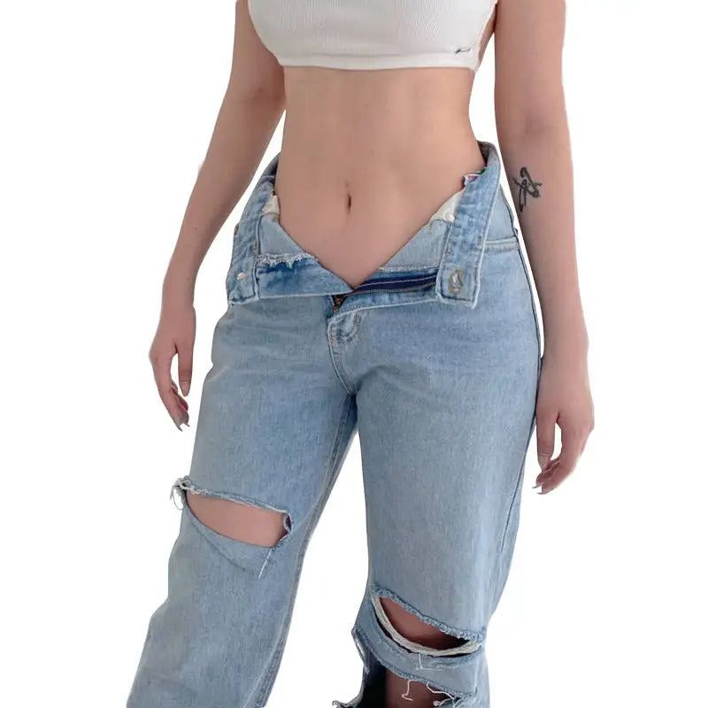 Ripped Destroyed High Waist Jeans - Pants