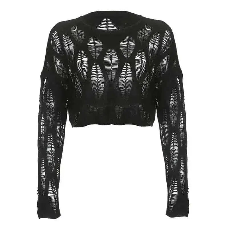 Ripped Knitted Short Sweater with Openwork Holes - Black