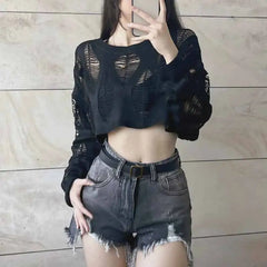 Ripped Knitted Short Sweater with Openwork Holes - Black