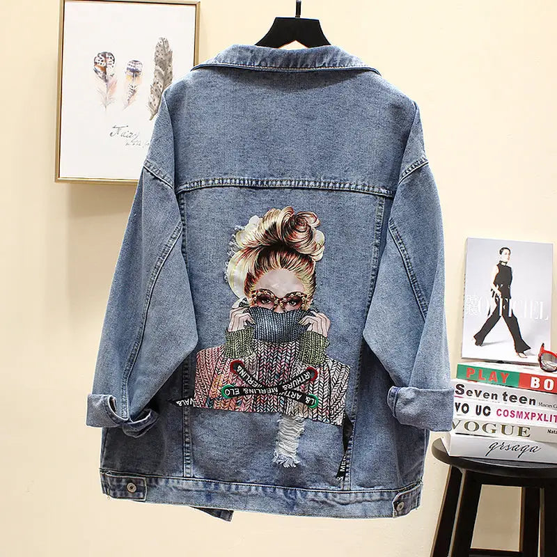 Ripped Oversize Denim Jacket with Pretty Girl Embroidery
