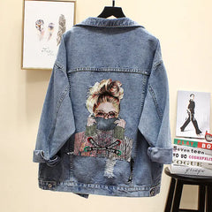 Ripped Oversize Denim Jacket with Pretty Girl Embroidery