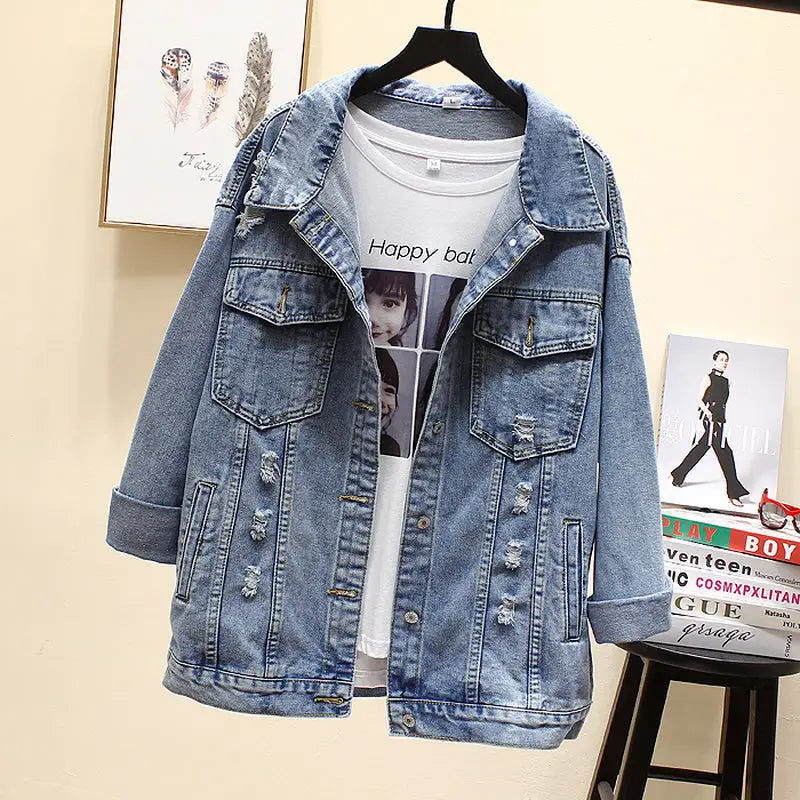 Ripped Oversize Denim Jacket with Pretty Girl Embroidery