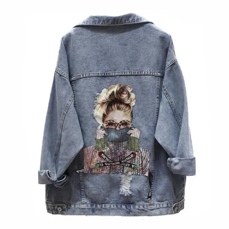 Ripped Oversize Denim Jacket with Pretty Girl Embroidery