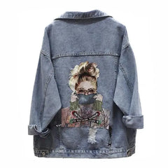 Ripped Oversize Denim Jacket with Pretty Girl Embroidery