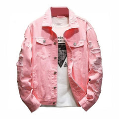 Ripped Slim Fit Denim Jacket - Pink / M - Jackets