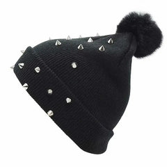 Rivet-Embellished Knit Beanie with Punk Chic Style Black