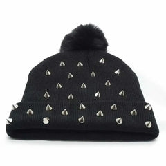 Rivet-Embellished Knit Beanie with Punk Chic Style Black