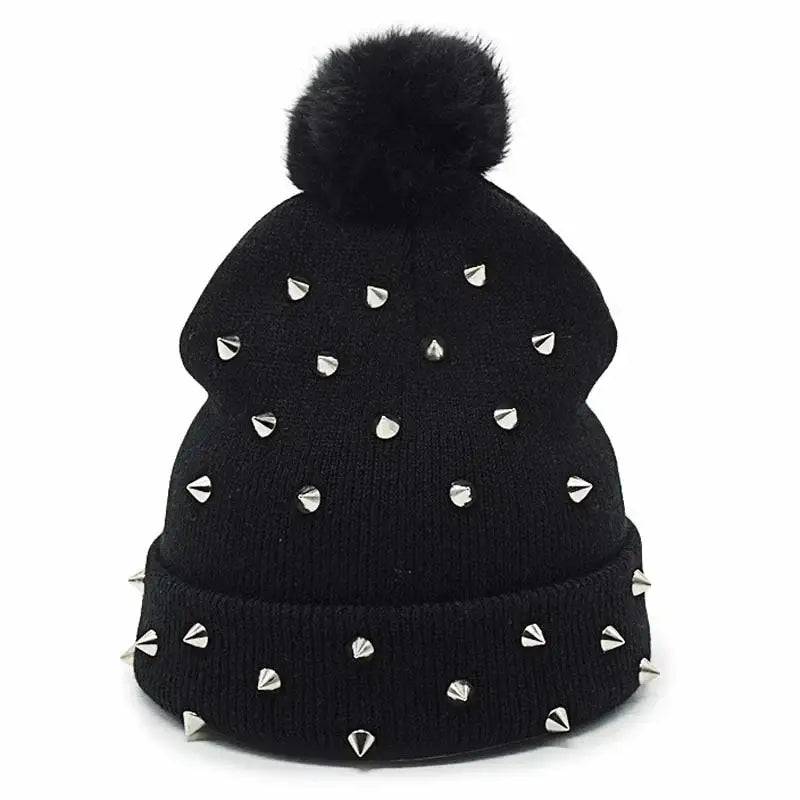 Rivet-Embellished Knit Beanie with Punk Chic Style Black