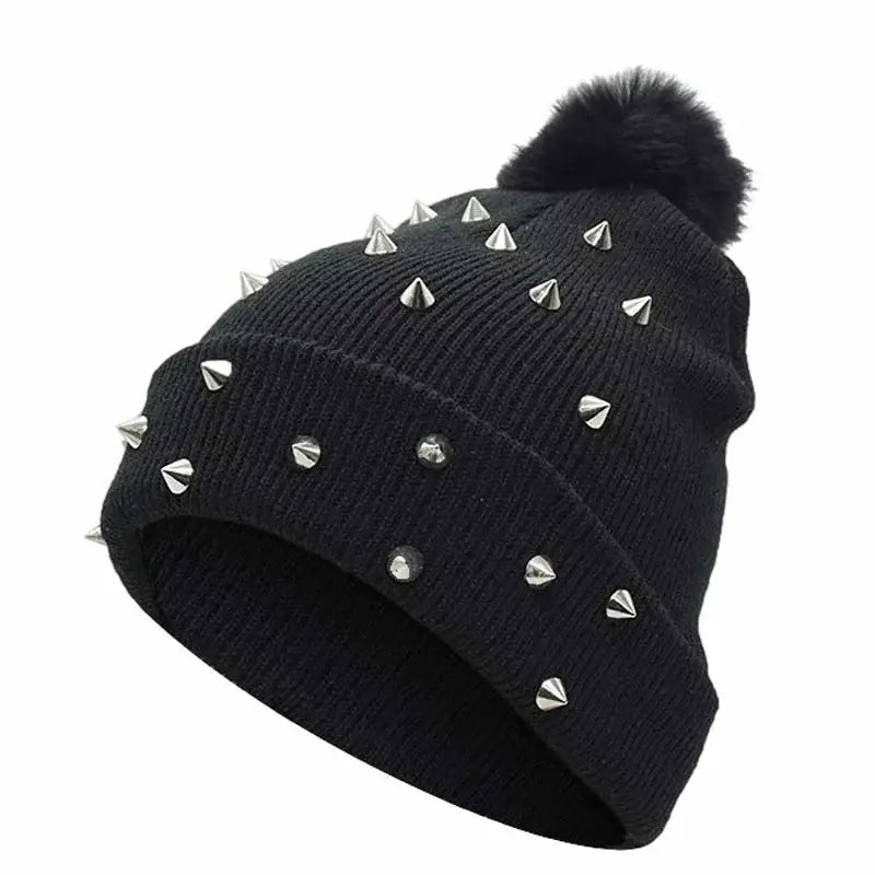 Rivet-Embellished Knit Beanie with Punk Chic Style Black