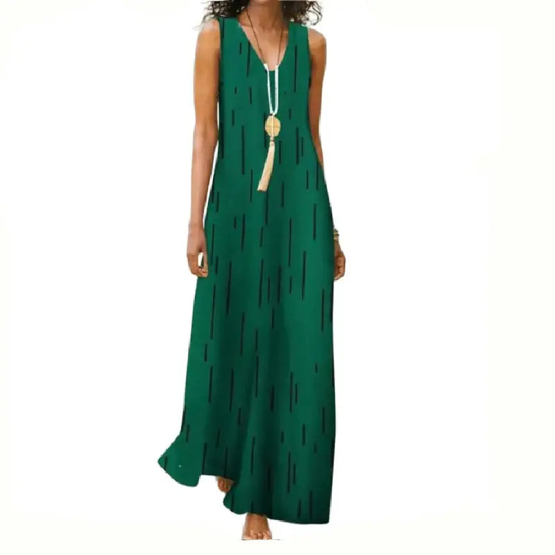 Robe Floral V Neck Sleeveless Long Dress - Green / S