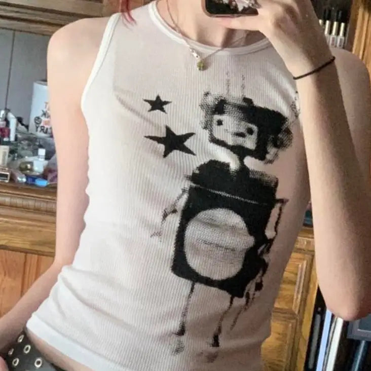 Robot And Stars Print Tank Top