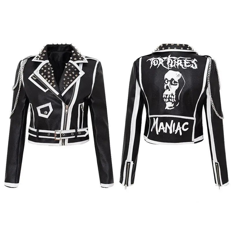 Rocker With Studded and Patches Jackets - White-Black / S