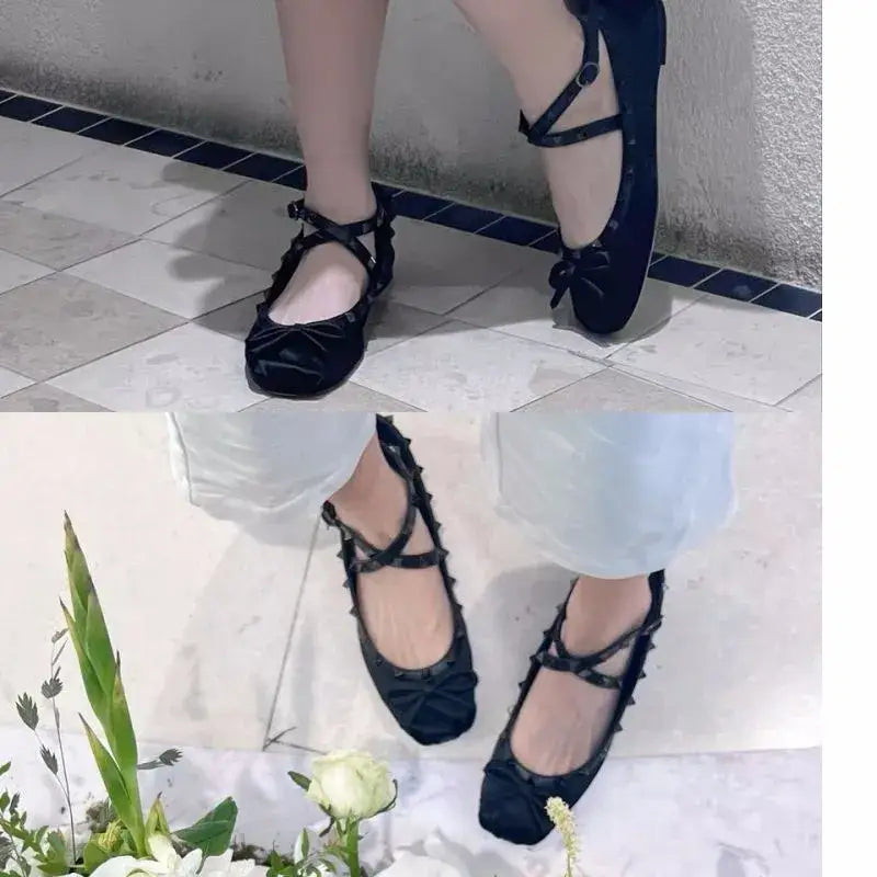 Rockstud Satin Bow Ballerina Mary Jane Shoes