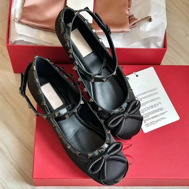 Rockstud Satin Bow Ballerina Mary Jane Shoes - Black / 35