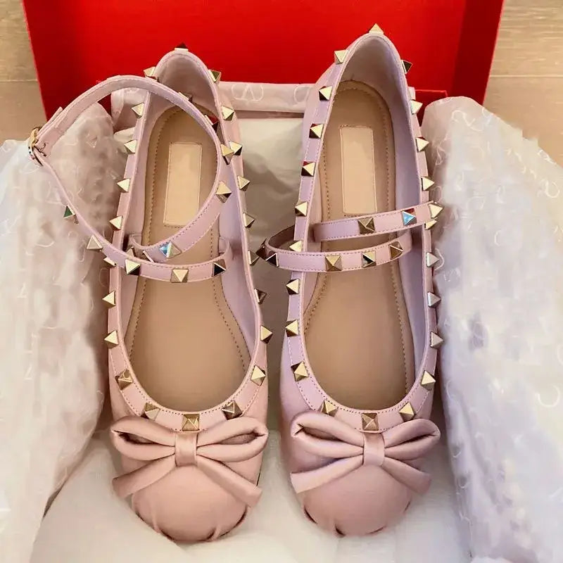 Rockstud Satin Bow Ballerina Mary Jane Shoes - Pink / 35