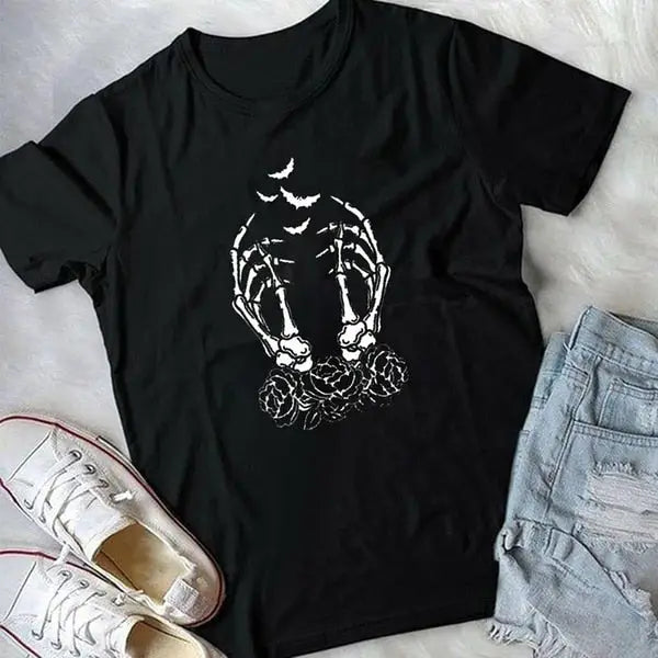 Rose Aesthetic Skeleton Hand Gothic T-Shirt - S / Black