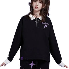 Rose Embroidered Loose Long Sleeve T-Shirt - Black / S