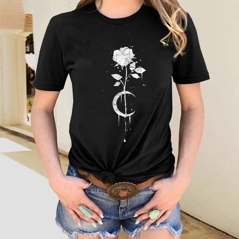 Rose Moon Gothic Black Short Sleeves T-shirt