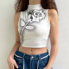 Rose Turtle Neck Top Spandex Cotton Blend White / S
