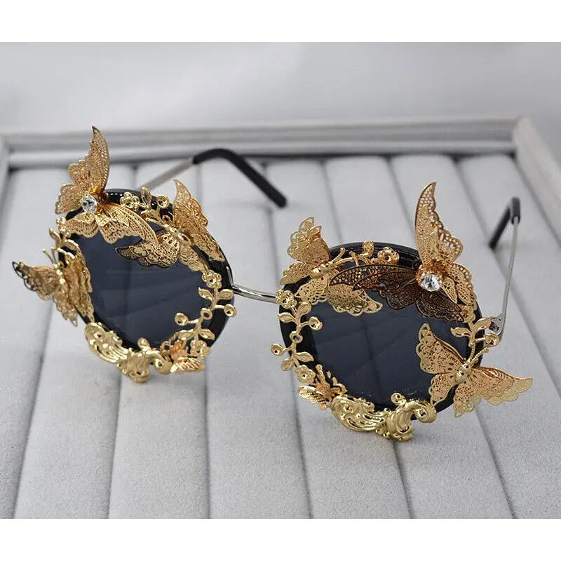 Round Alloy Butterfly Baroque Sunglasses One Size / Gold