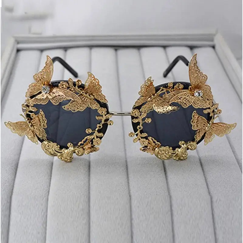 Round Alloy Butterfly Baroque Sunglasses One Size / Gold