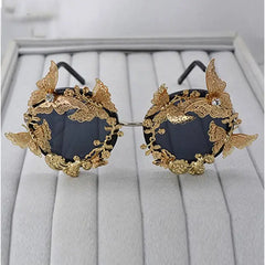 Round Alloy Butterfly Baroque Sunglasses One Size / Gold