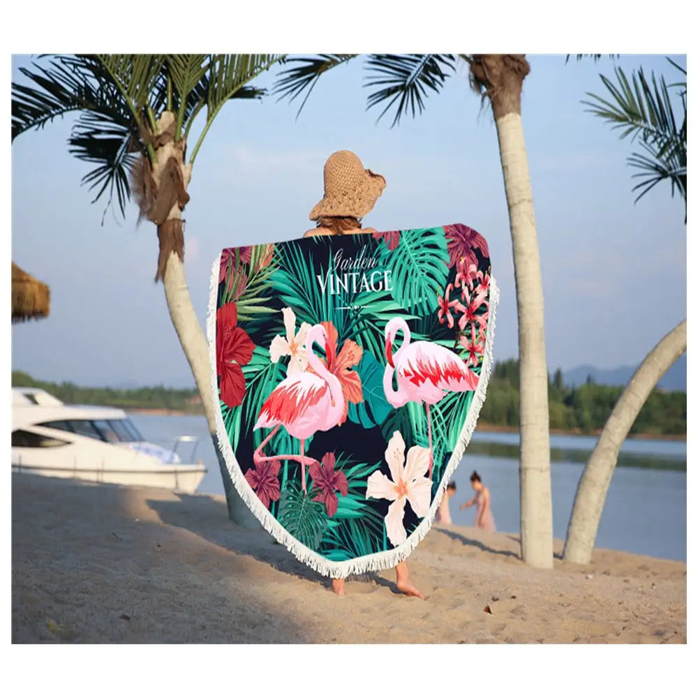 Round Beach Flamingo Towel With Drawstring