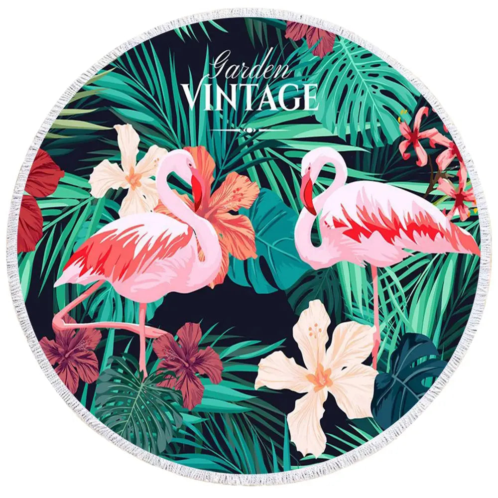 Round Beach Flamingo Towel With Drawstring