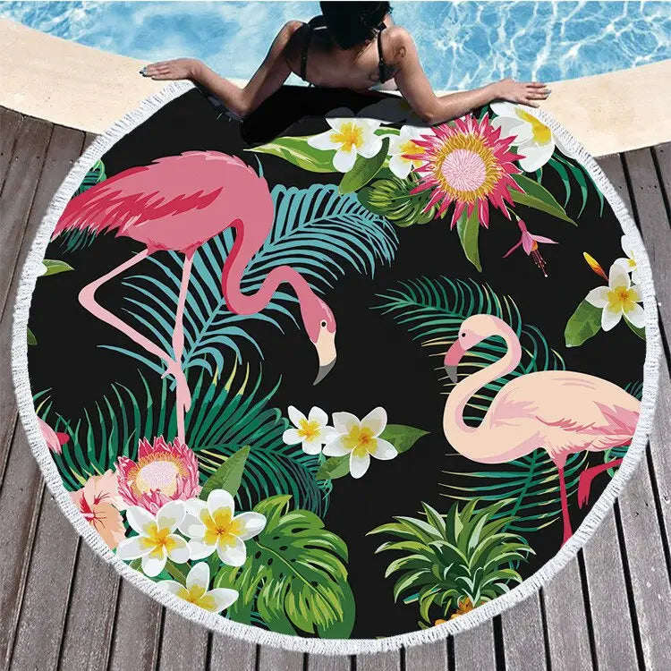 Round Beach Flamingo Towel With Drawstring