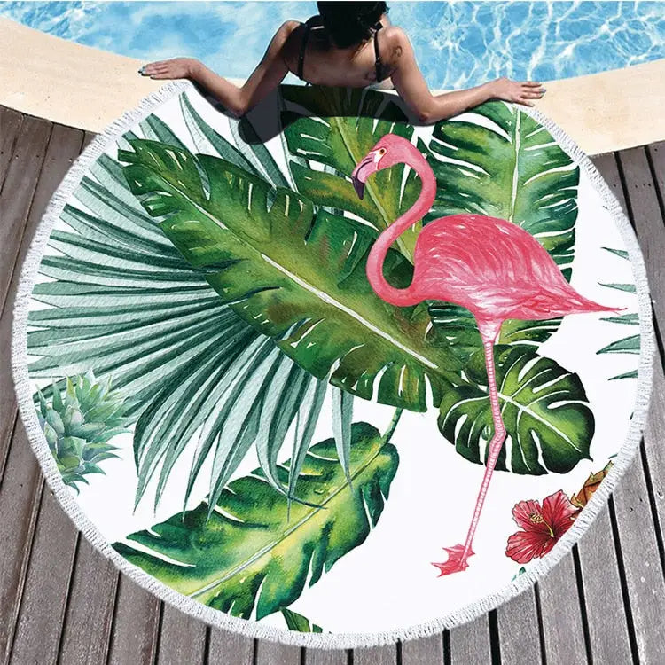 Round Beach Flamingo Towel With Drawstring