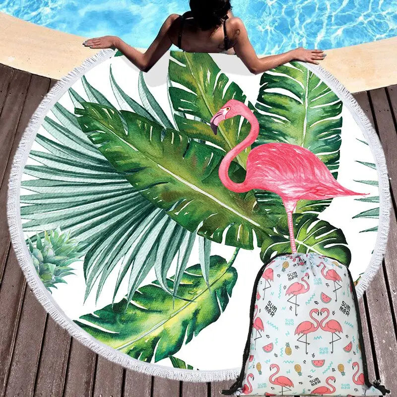 Round Beach Flamingo Towel With Drawstring