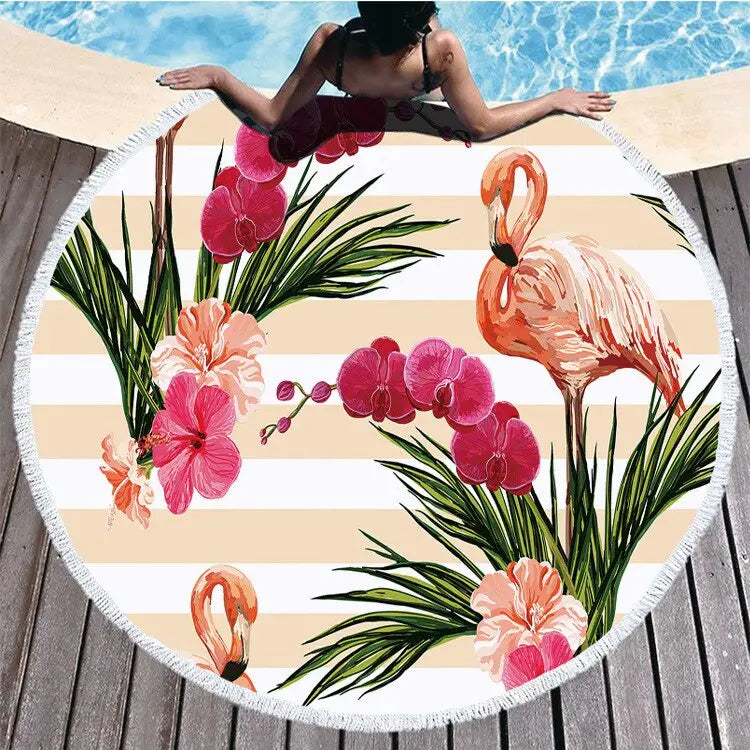 Round Beach Flamingo Towel With Drawstring