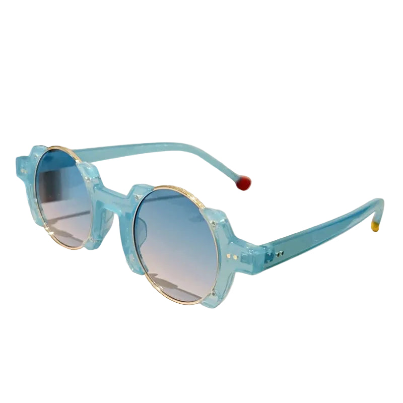 Round frame sunglasses with blue tinted lenses and colorful bubble detail design close up