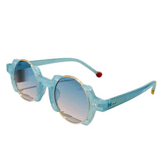 Round frame sunglasses with blue tinted lenses and colorful bubble detail design close up