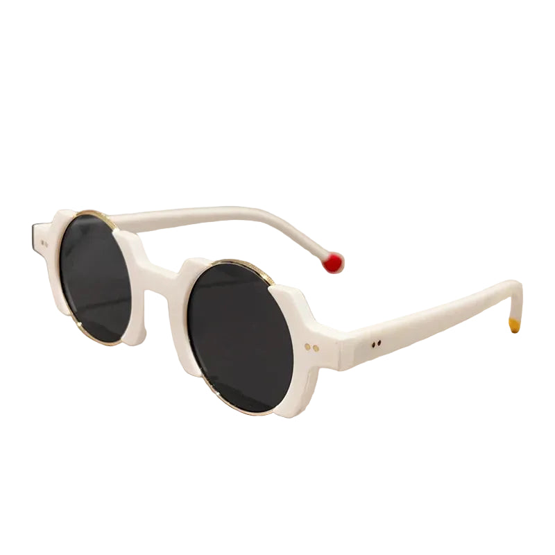 Round frame sunglasses with colorful bubble detail and blue tinted lenses, close up material view