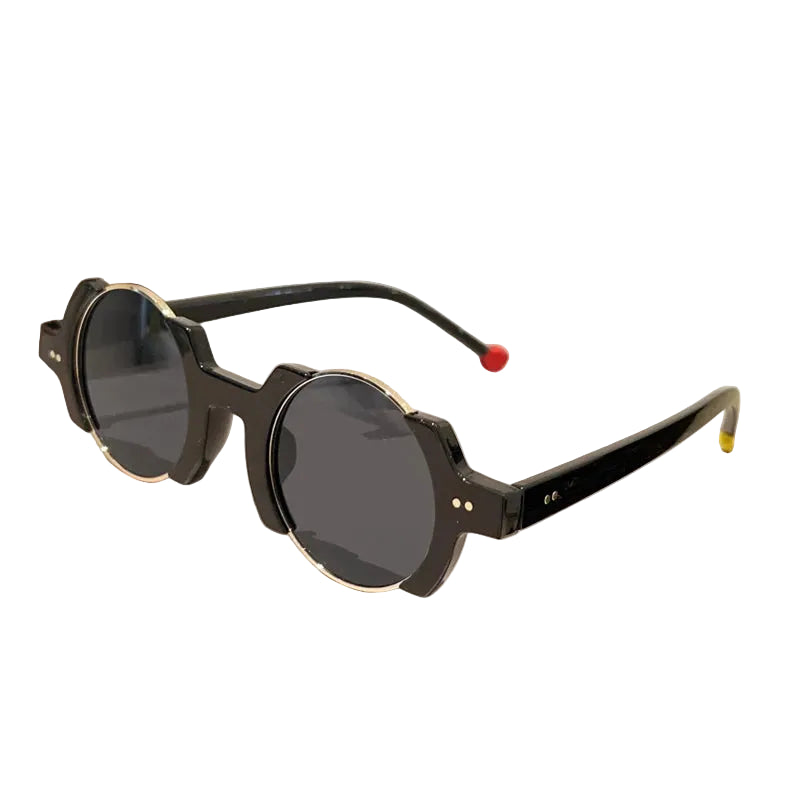 Round frame sunglasses with colorful bubble detail and blue tinted lenses, close up material view