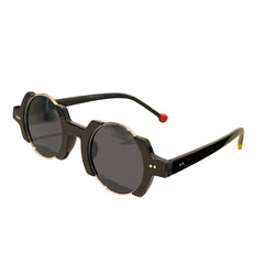 Round frame sunglasses with colorful bubble detail and blue tinted lenses, close up material view