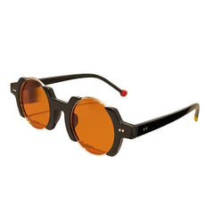 Round frame sunglasses with colorful bubble detail and blue tinted lenses, close up material view