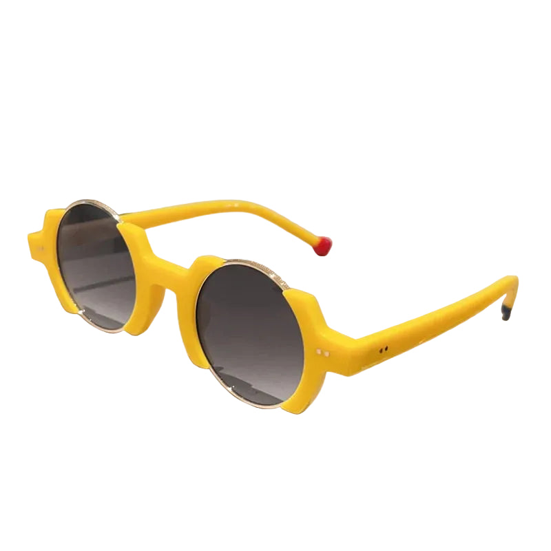 Round frame sunglasses with colorful bubble detail and blue tinted lenses, close up material view